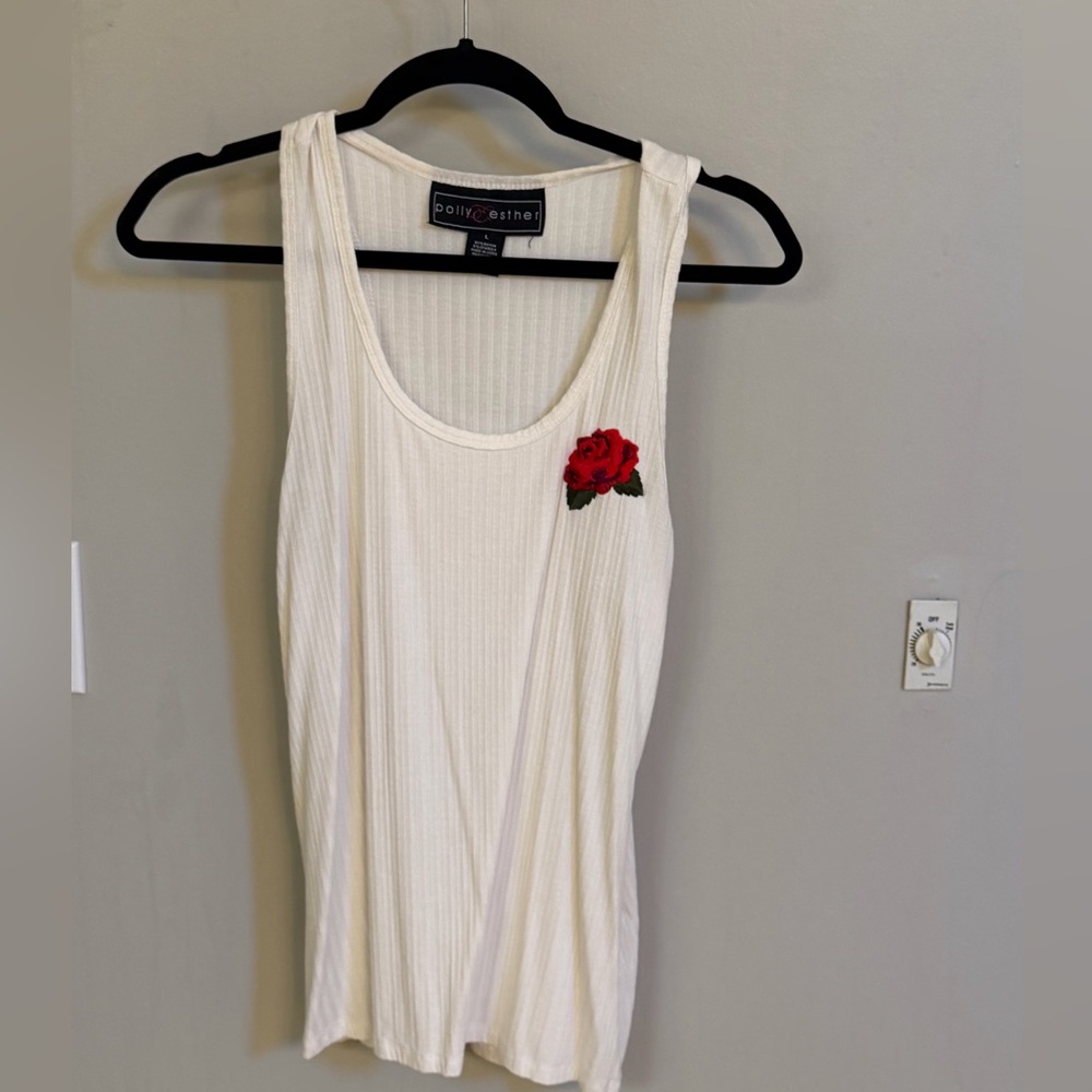 Polly & Esther Cream Ribbed Tank with Red Rose Appliqué